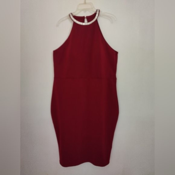 PLUS SIZE BURGUNDY HALTER JEWELED NECK COCKTAIL DRESS SIZE 3XL - Picture 3 of 12